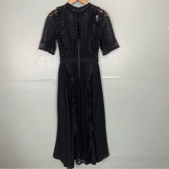 Self Portrait Black Geometric Lace Midi Dress Quarter Sleeve US Sz 4 - Picture 5 of 8